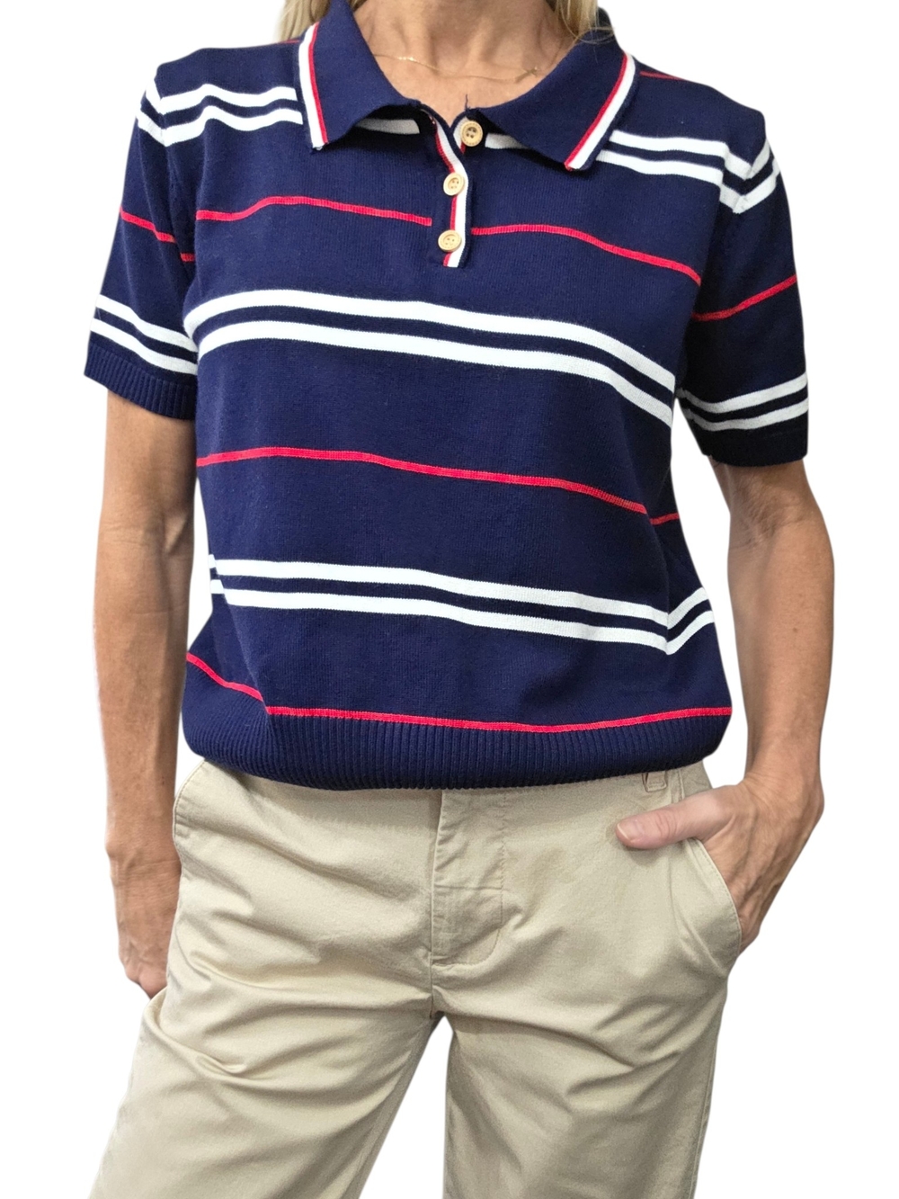 Burberry Navy Red White Striped Knit Polo Top Short Sleeve